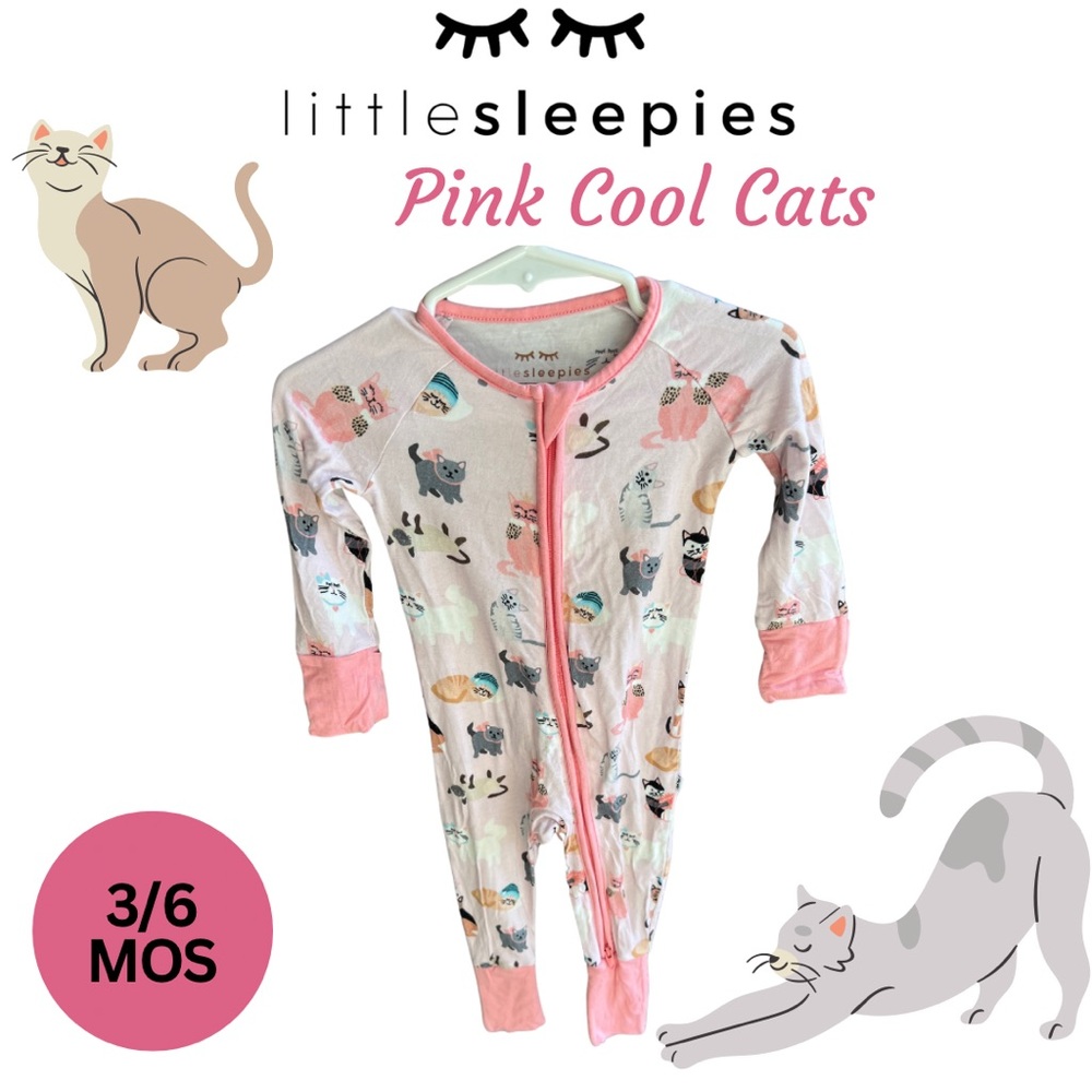 Little Sleepies Cool Cats 🐈 Pink Bamboo Zippy 3/6 months. Sold out print!